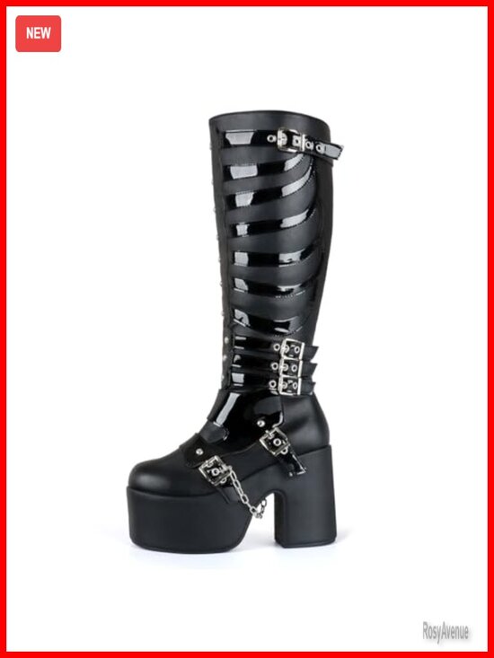 Shoes - Chunky Heel Goth Platform Boots Strappy Buckle Zip Combat Boots
